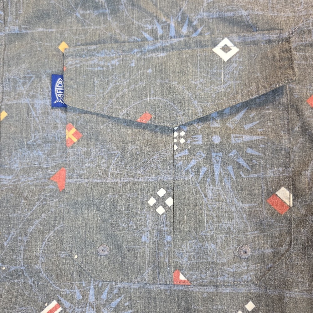 Aftco Shirt Mens XL Short Sleeve Vented Gray Nautical Print Flap Pocket Camp - Picture 3 of 11